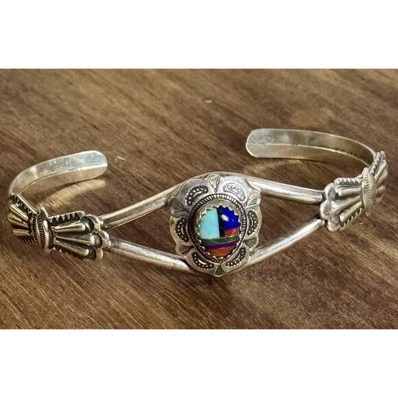 Navajo Sterling Multi Stone Inlay Cuff Bracelet Clarence Thomas C.T. 9.6g - Picture 1 of 11